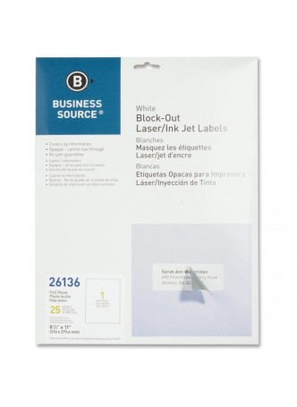 Business Source Block-out Full Sheet Laser/Inkjet Label, BSN26136, 8.5" x 11", White, Pack of 25